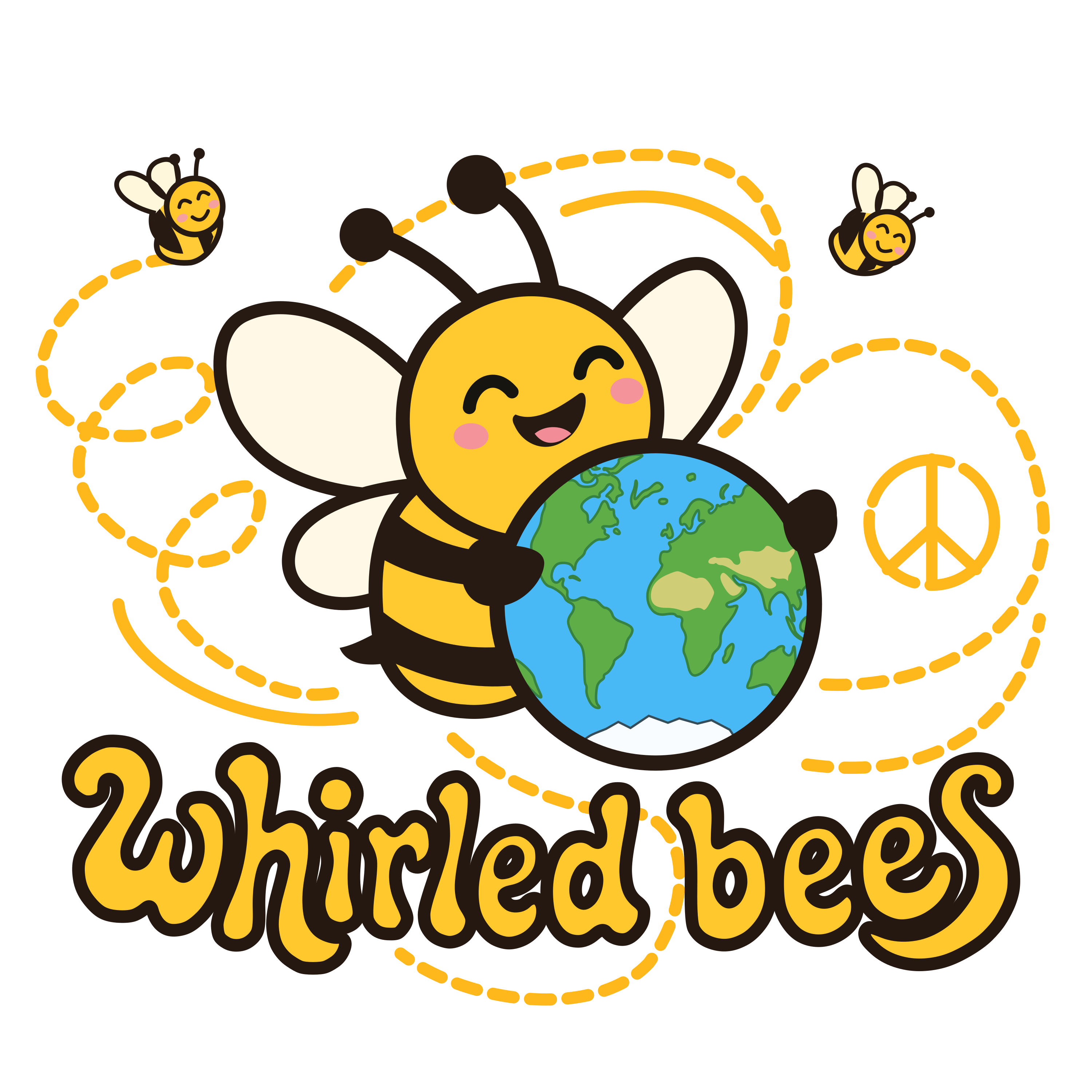 Whirled Bees logo: a joyful bee carrying the Earth, two small bees whirling around it, a peace sign in the flight trail